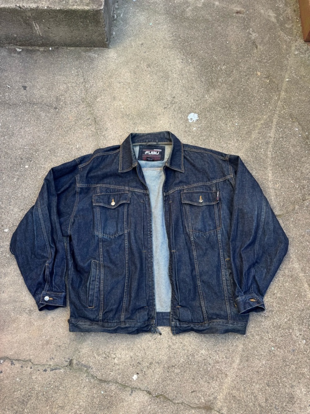 FUBU Denim Jacket XXL Dark Wash Jean Jacket Y2K Streetwear Vintage